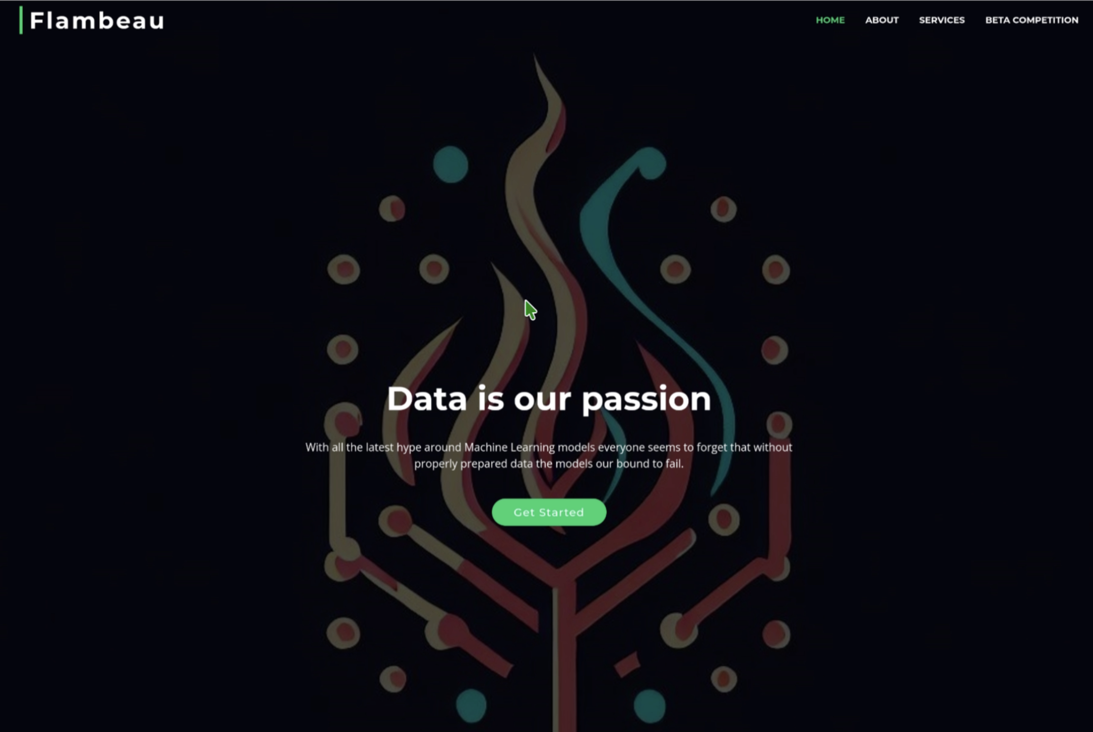 Flambeau homepage with BETA COMPETITION in the nav and the “Data is our passion” hero