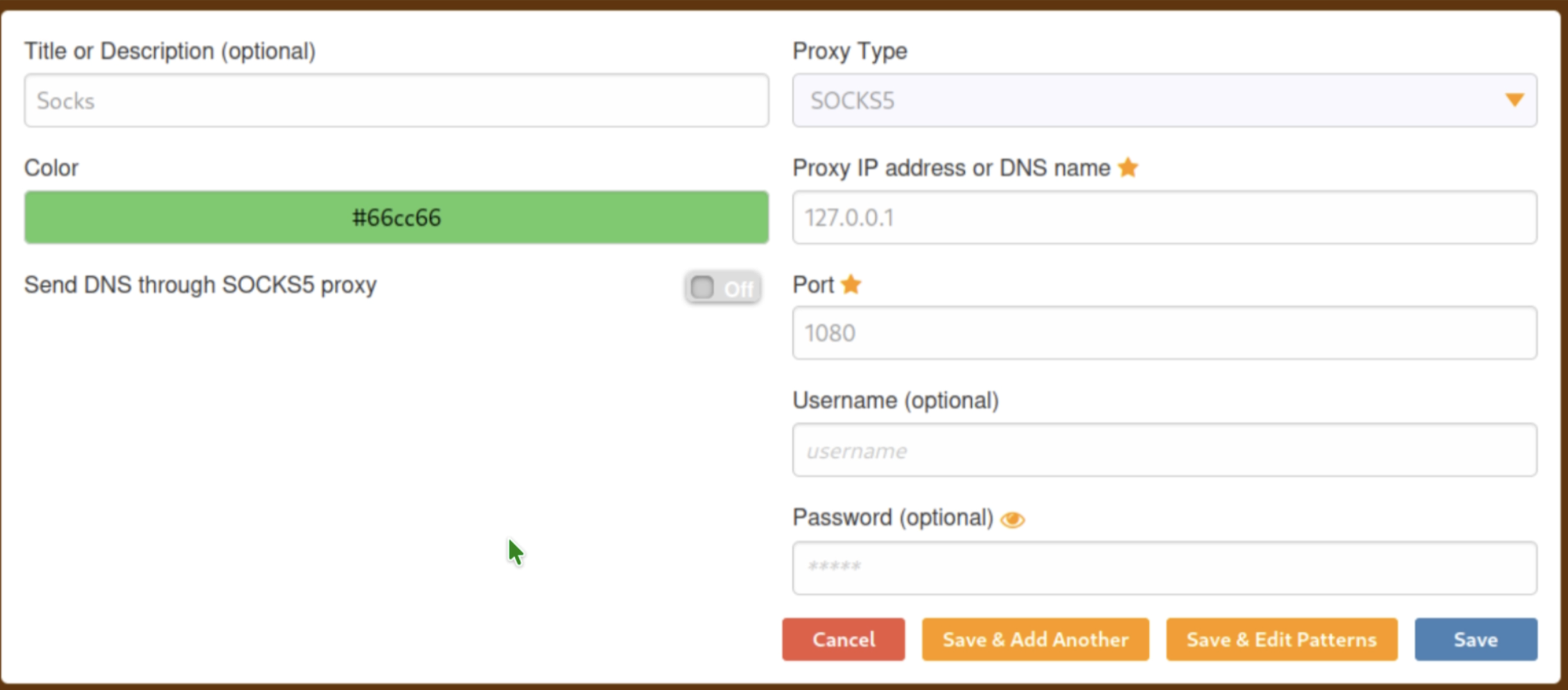 FoxyProxy configured for SOCKS5 on 127.0.0.1:1080