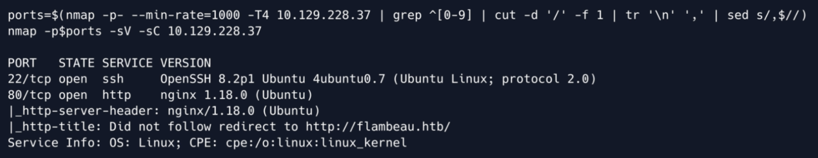 nmap service scan: ports 22/ssh (OpenSSH 8.2p1) and 80/http (nginx 1.18.0), redirect to flambeau.htb